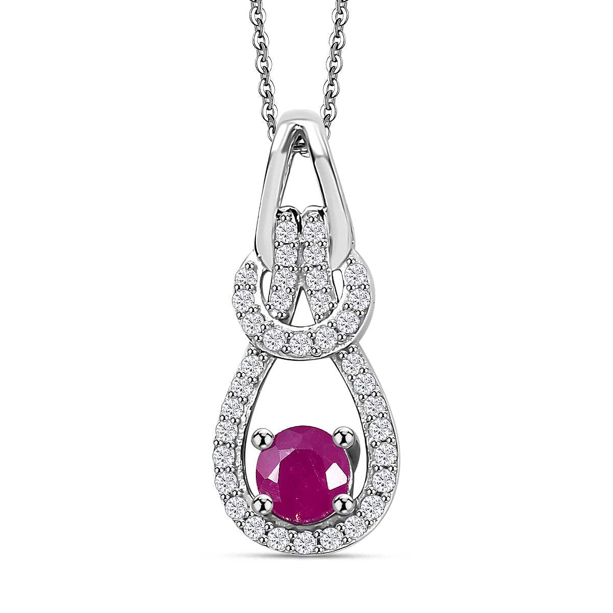 Mozambique Ruby & White Zircon Pendant with Chain (Size 20) in Rhodium Sterling Silver 1.07 Ct.