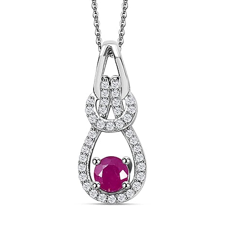 Mozambique Ruby,  White Zircon Pendant with Chain (Size 20) in rhodium Sterling Silver 0.72 ct  1.070  Ct.