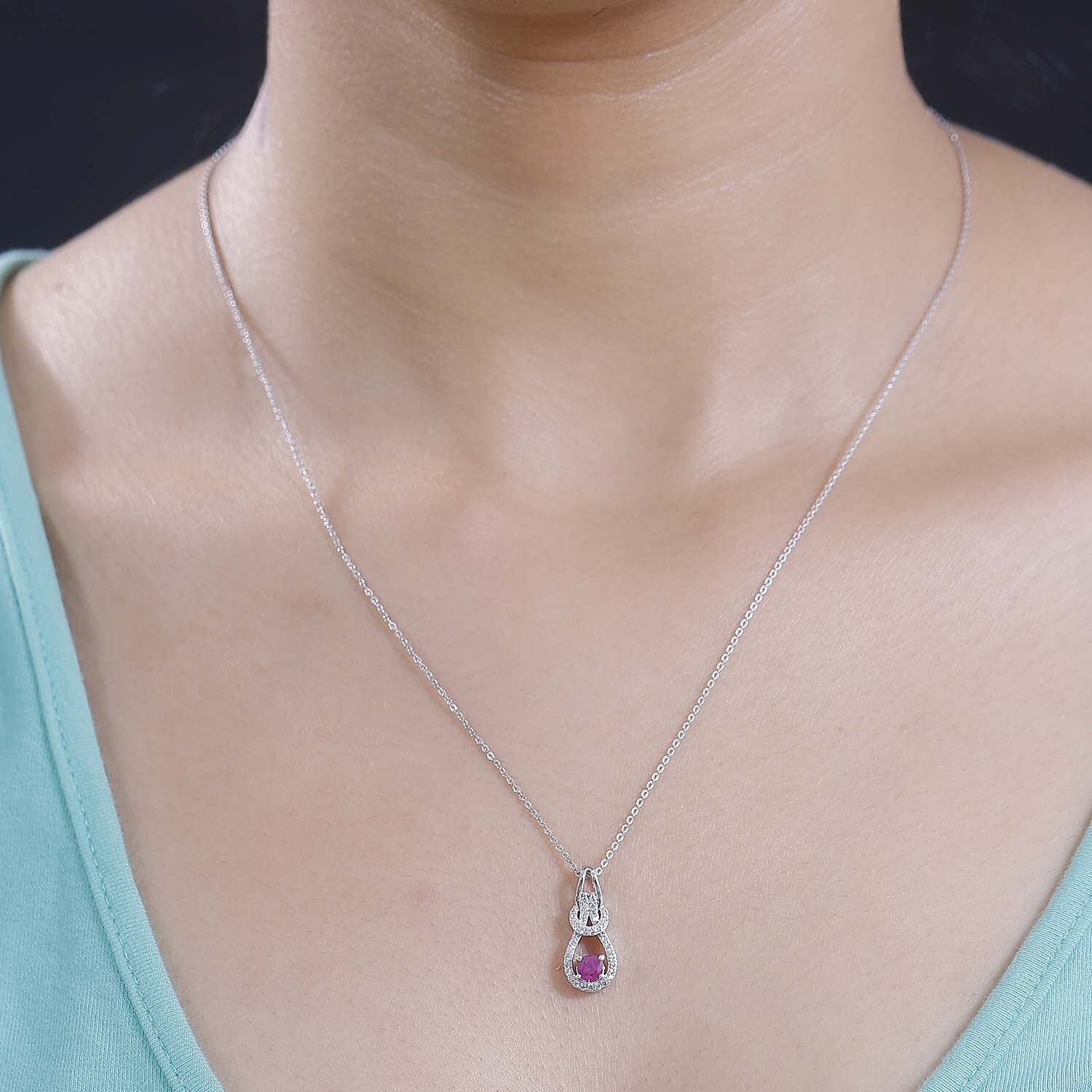 Mozambique Ruby & White Zircon Pendant with Chain (Size 20) in Rhodium Sterling Silver 1.07 Ct.