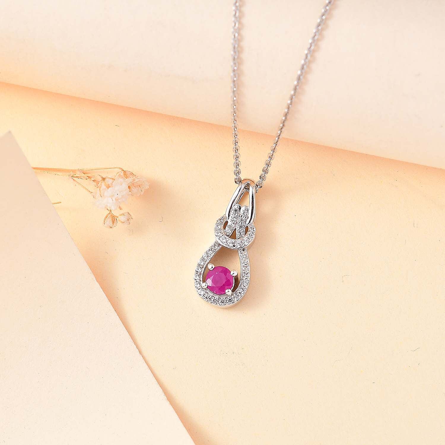Mozambique Ruby & White Zircon Pendant with Chain (Size 20) in Rhodium Sterling Silver 1.07 Ct.