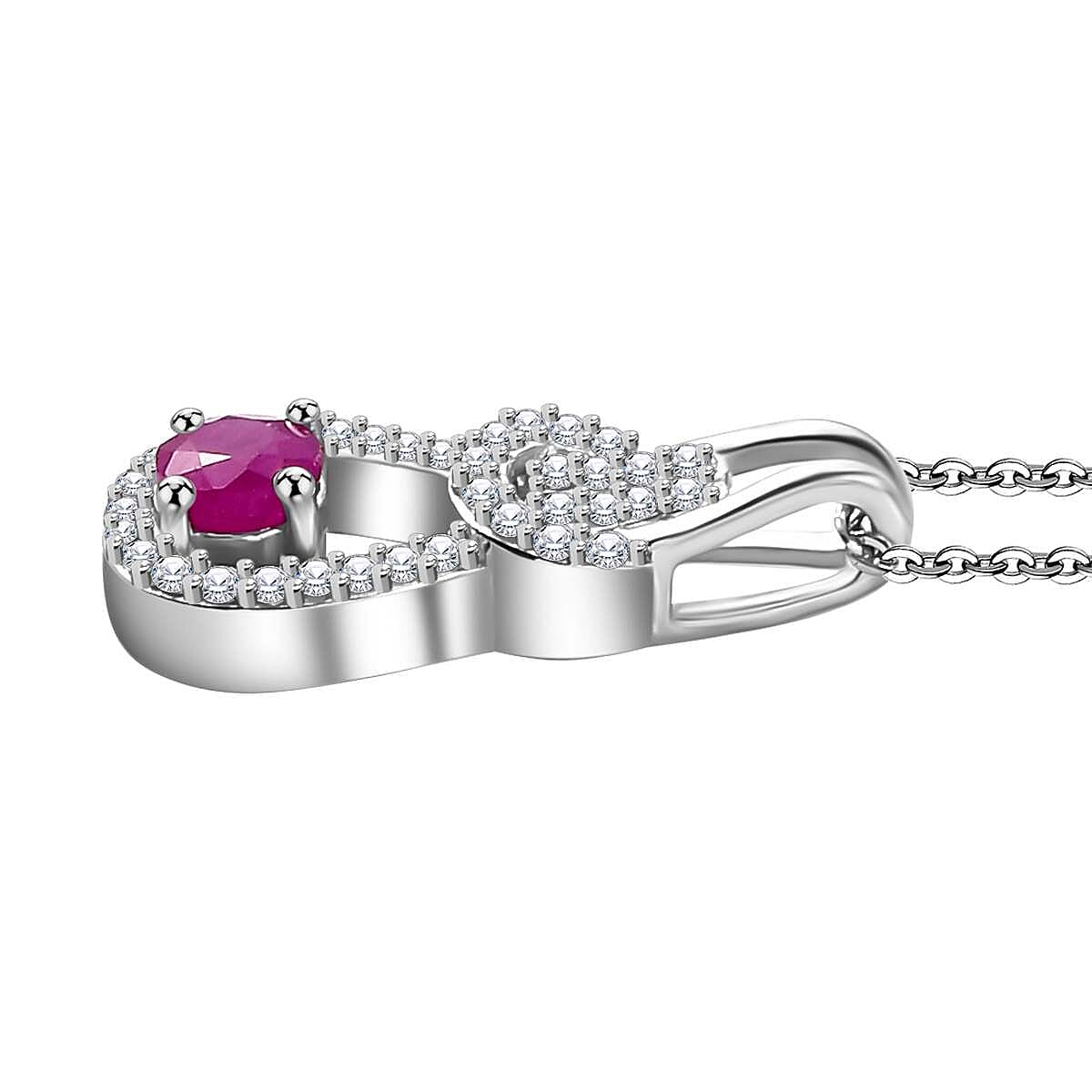 Mozambique Ruby & White Zircon Pendant with Chain (Size 20) in Rhodium Sterling Silver 1.07 Ct.