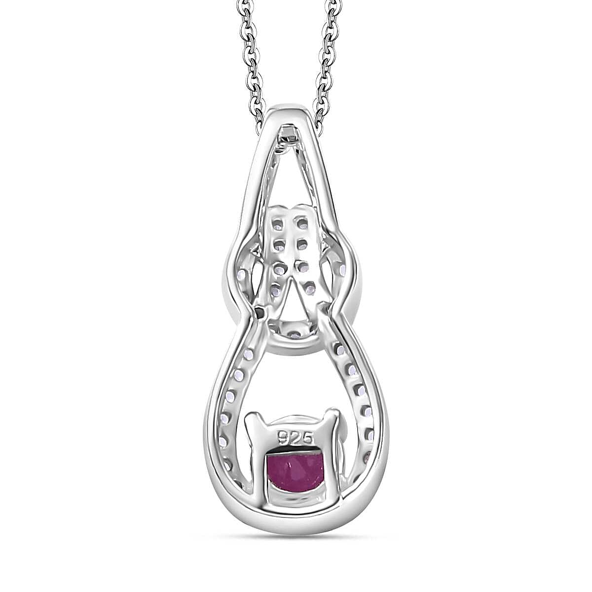 Mozambique Ruby & White Zircon Pendant with Chain (Size 20) in Rhodium Sterling Silver 1.07 Ct.