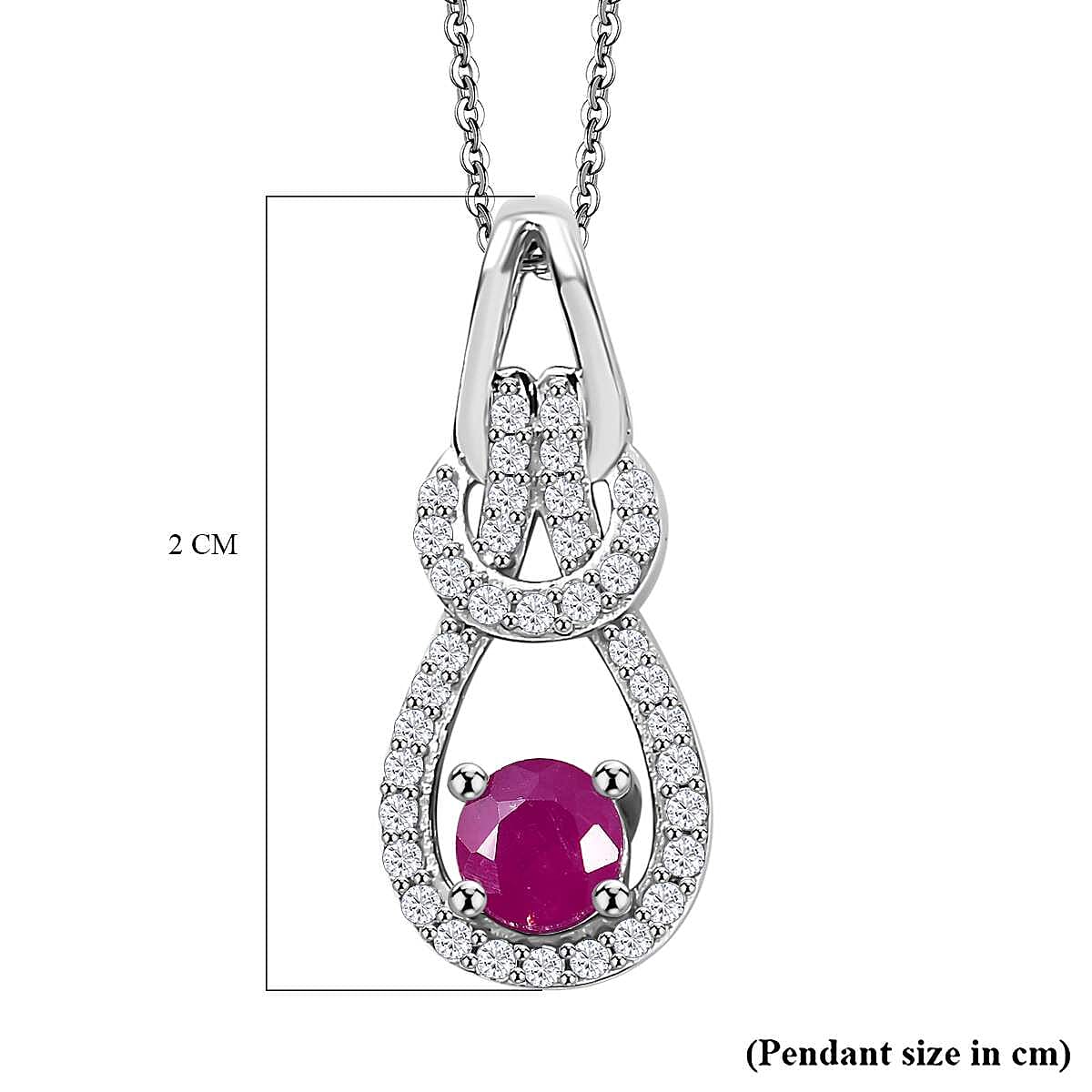 Mozambique Ruby & White Zircon Pendant with Chain (Size 20) in Rhodium Sterling Silver 1.07 Ct.