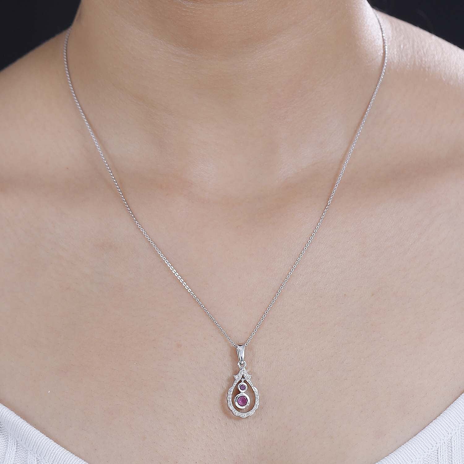 Mozambique Ruby & White Zircon Pendant with Chain (Size 20) in Rhodium Overlay Sterling Silver