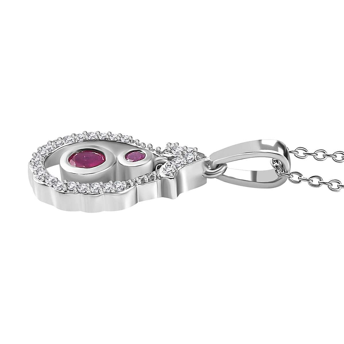 Mozambique Ruby & White Zircon Pendant with Chain (Size 20) in Rhodium Overlay Sterling Silver