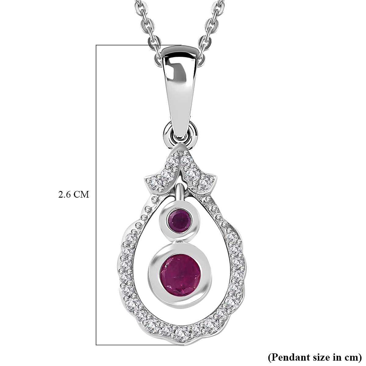 Mozambique Ruby & White Zircon Pendant with Chain (Size 20) in Rhodium Overlay Sterling Silver