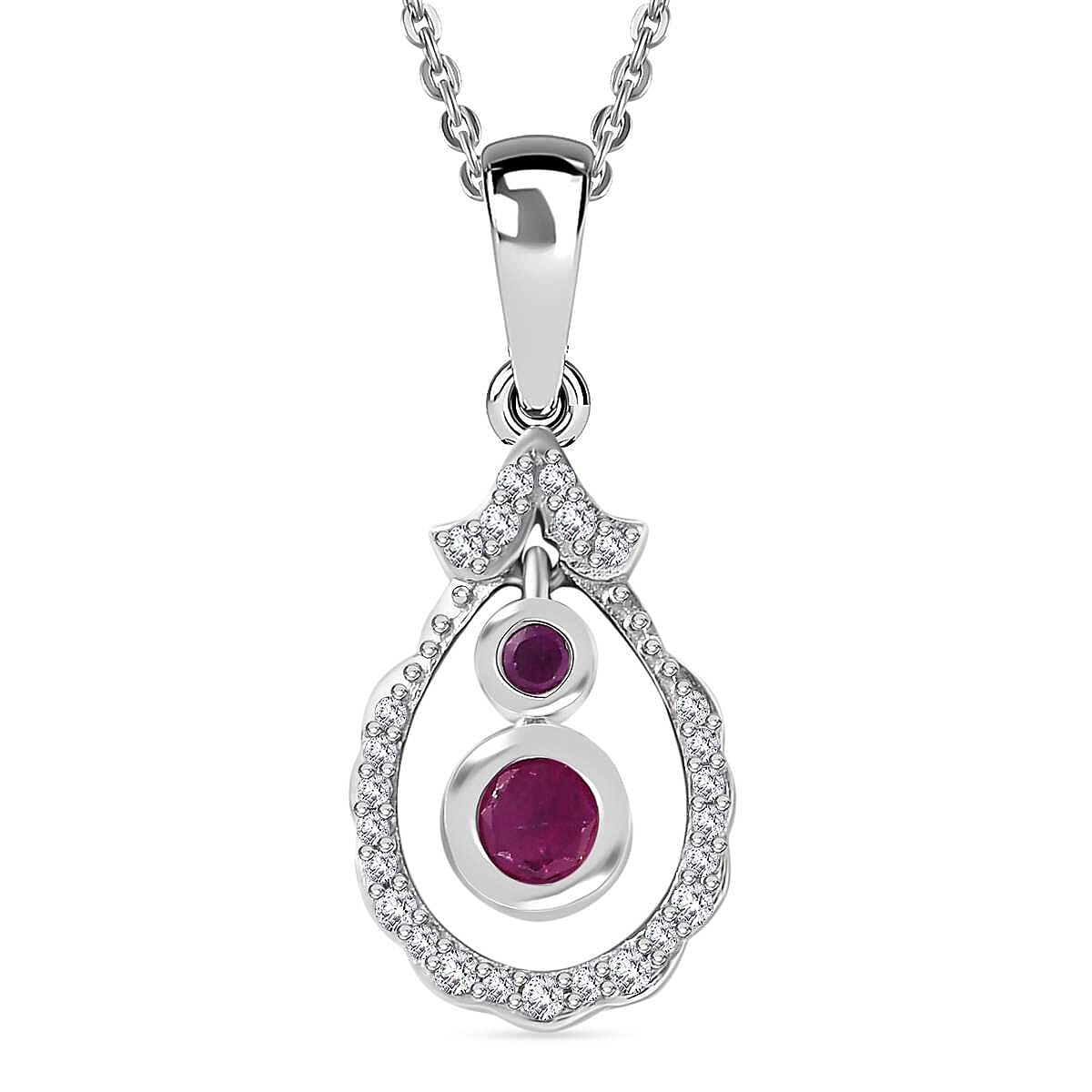 Mozambique Ruby & White Zircon Pendant with Chain (Size 20) in Rhodium Overlay Sterling Silver