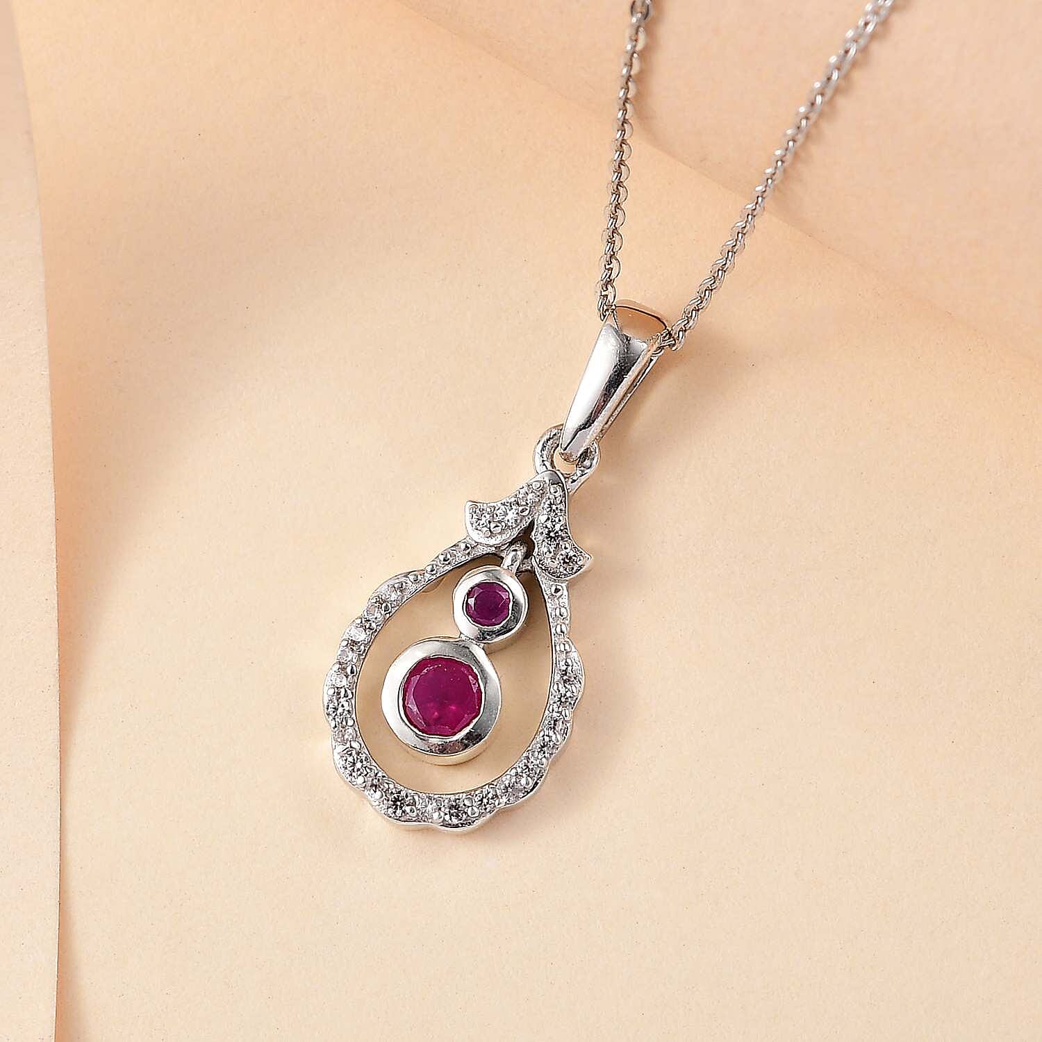 Mozambique Ruby & White Zircon Pendant with Chain (Size 20) in Rhodium Overlay Sterling Silver