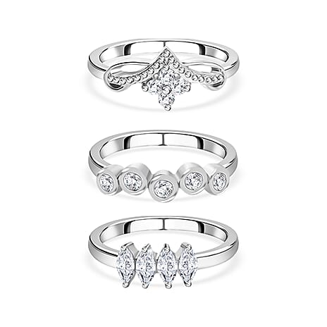 Set of 3 -  Moissanite Main Stone With Side Stone Ring in rhodium Sterling Silver  Wt. 8.3 Gms  1.010  Ct.