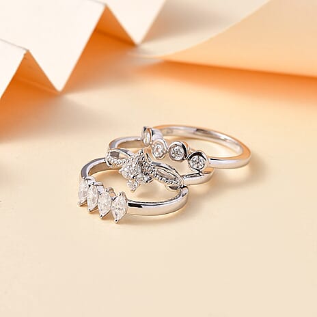 Set of 3 -  Moissanite Main Stone With Side Stone Ring in rhodium Sterling Silver  Wt. 8.3 Gms  1.010  Ct.