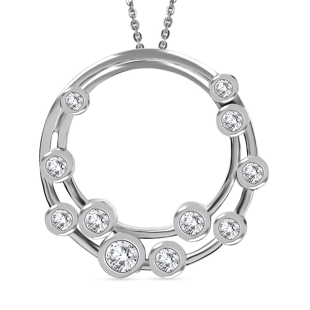 J Francis - Swarovski Zirconia Bubble Circle Pendant with Chain (Size 20) in Rhodium Overlay Sterling Silver 1.73 Ct.