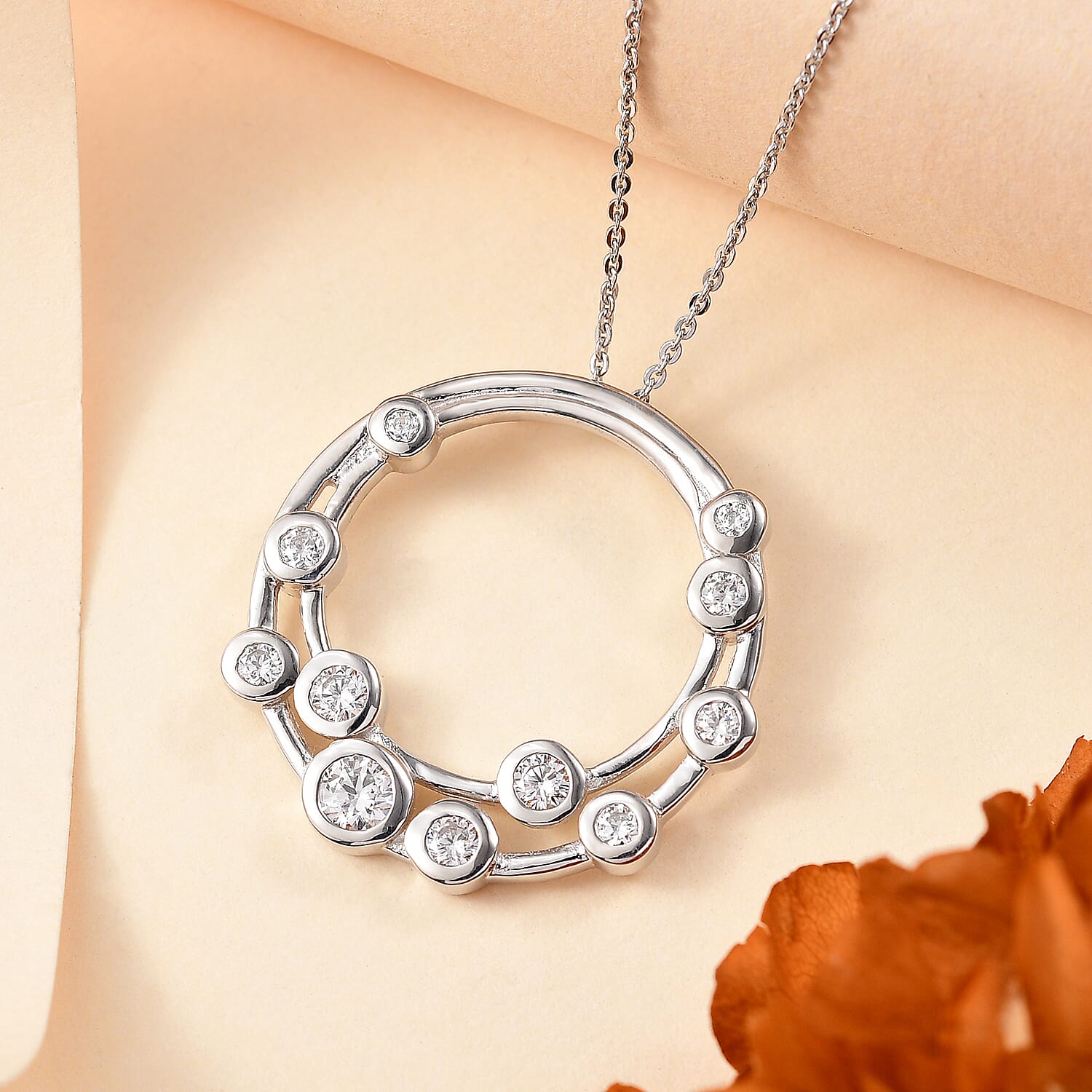 J Francis - Swarovski Zirconia Bubble Circle Pendant with Chain (Size 20) in Rhodium Overlay Sterling Silver 1.73 Ct.