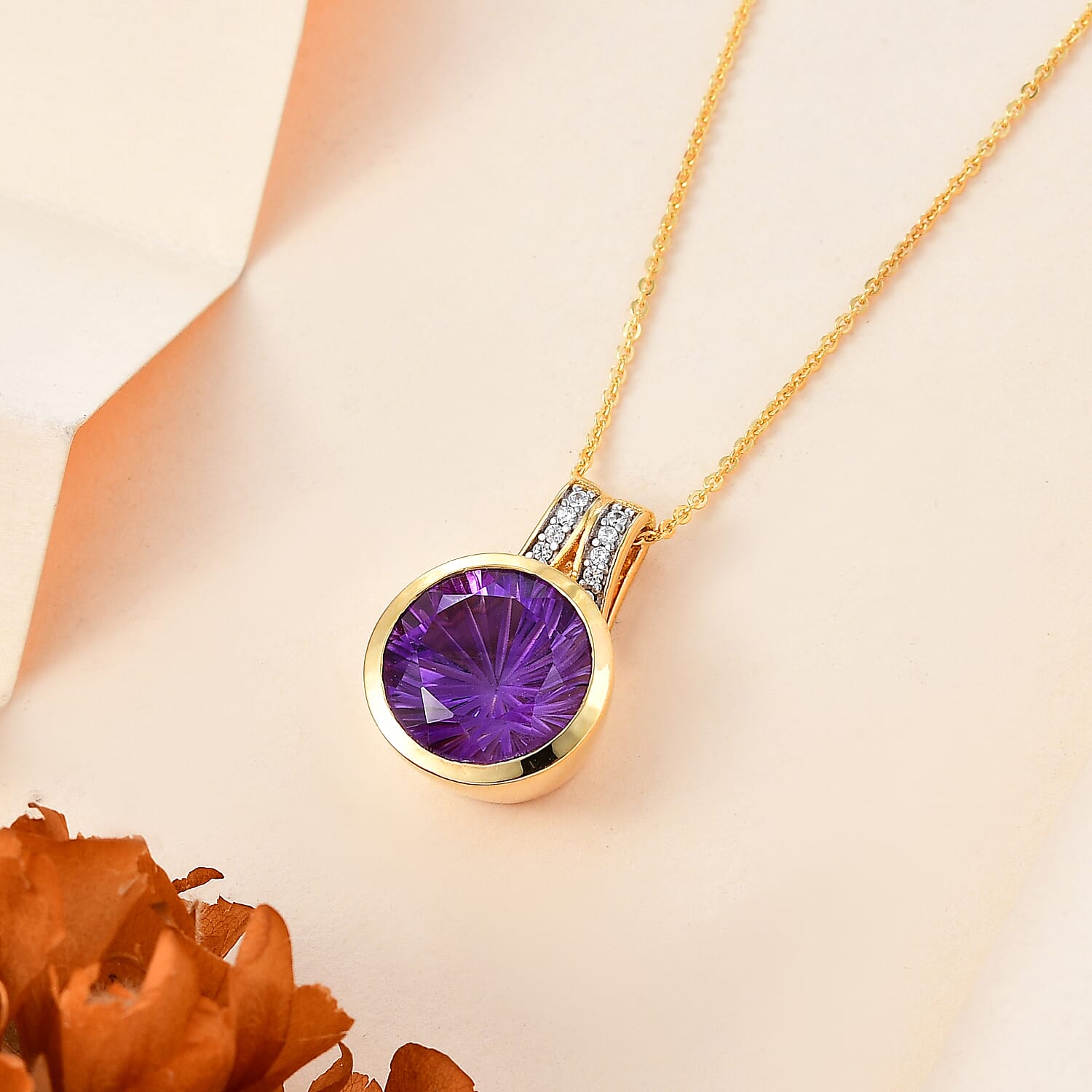 Natural Rose De Morocco, White Zircon Pendant with Chain (Size 20) in 18K YG Vermeil Sterling Silver 6.600 Ct.