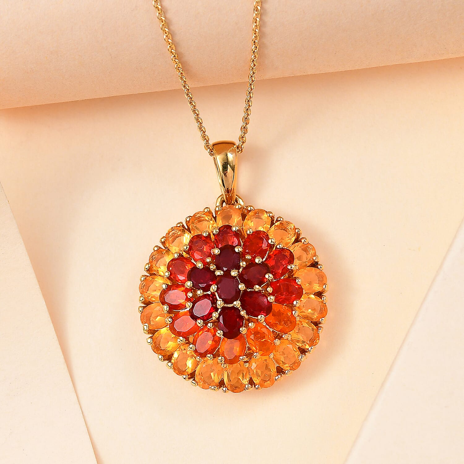 Gem Fiesta - Shades of Salamanca Fire Opal- Pendant with Chain (Size - 20) in 18K Vermeil Yellow Gold Plated Sterling Silver 4.59 Ct, Silver Wt. 7.47 Gms.