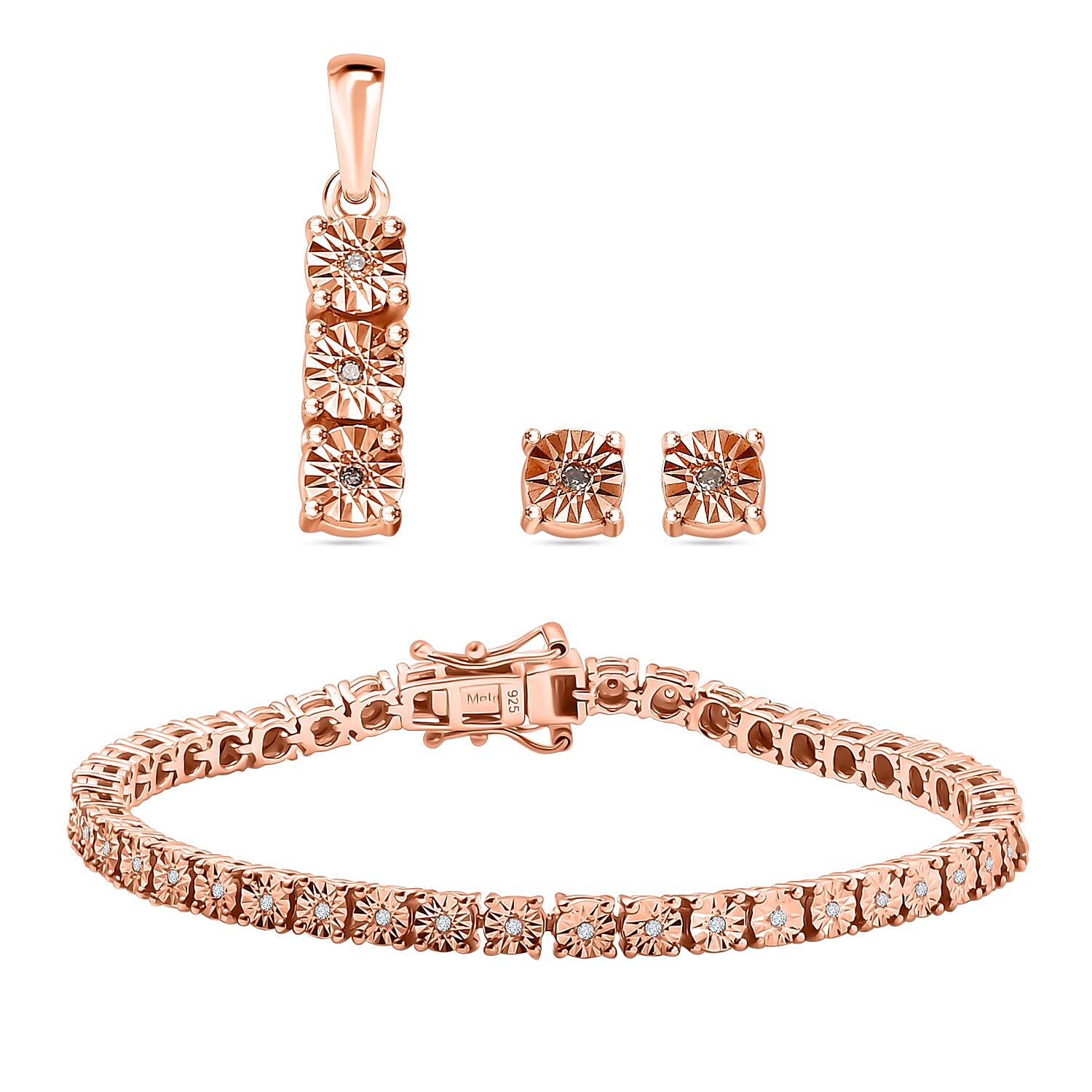 3 Piece Set -  Champagne Diamond Cluster Bracelet and Solitaire Stud Push Post Earring and Pendant in 18K RG Vermeil Sterling Silver Wt.14.33 Gms