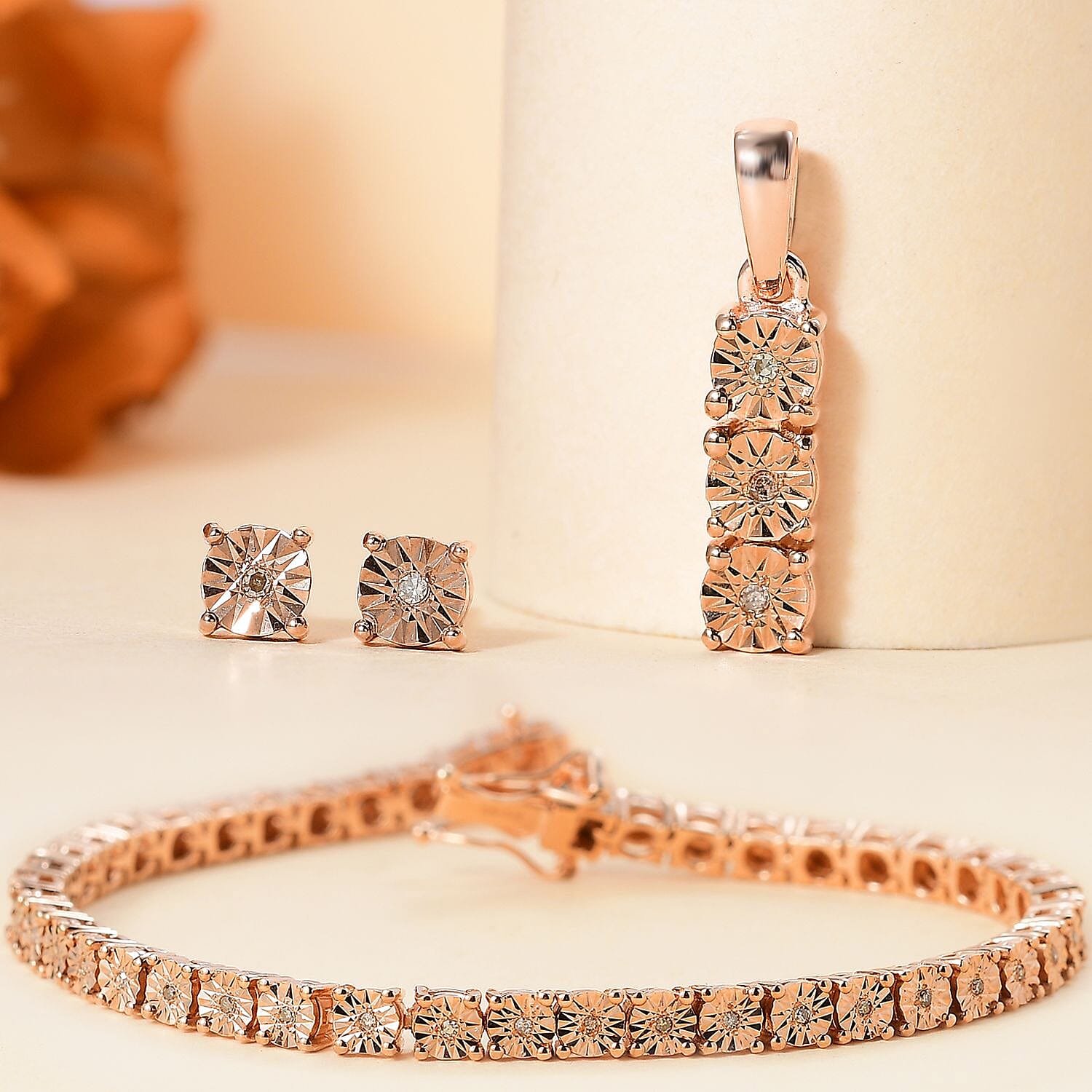 3 Piece Set -  Champagne Diamond Cluster Bracelet and Solitaire Stud Push Post Earring and Pendant in 18K RG Vermeil Sterling Silver Wt.14.33 Gms