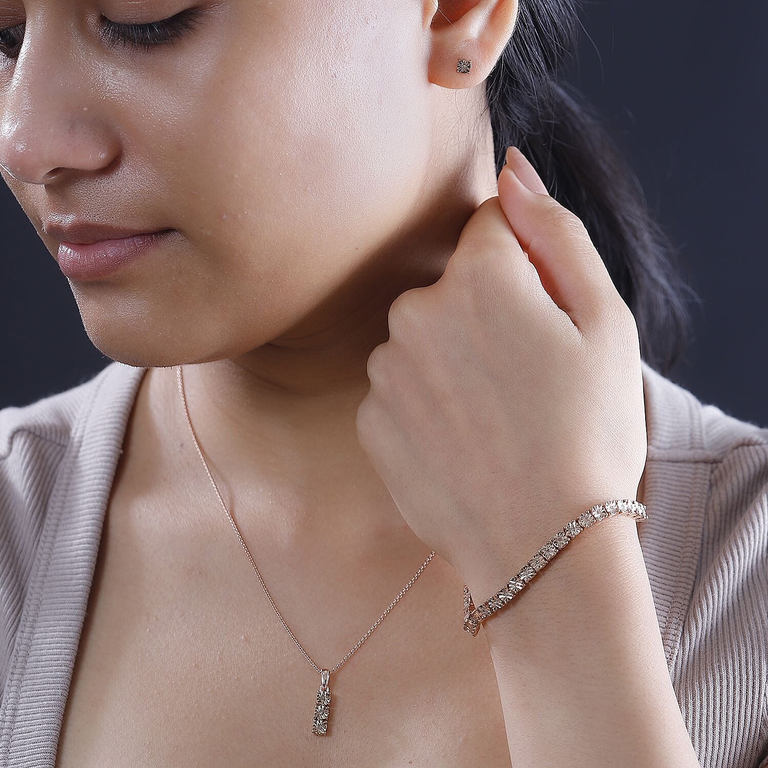 3 Piece Set -  Champagne Diamond Cluster Bracelet and Solitaire Stud Push Post Earring and Pendant in 18K RG Vermeil Sterling Silver Wt.14.33 Gms