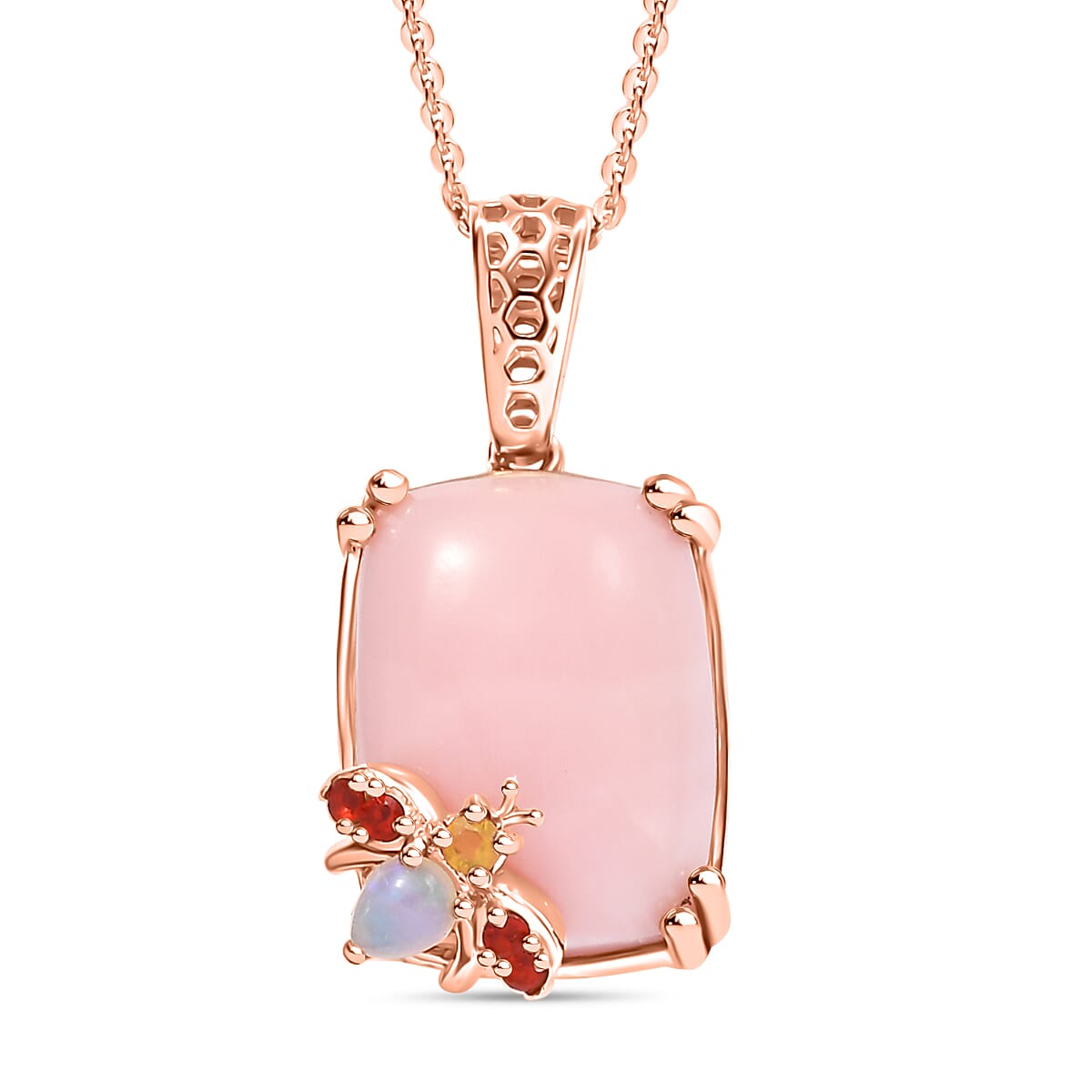 Gem Fiesta- Opal Opulence - Pink, Welo, Yellow & Fire Opal Cluster Pendant with Chain (Size - 20) in 18K Vermeil Rose Gold Plated Sterling Silver 8.20 Ct, Silver Wt. 6.80 Gms.