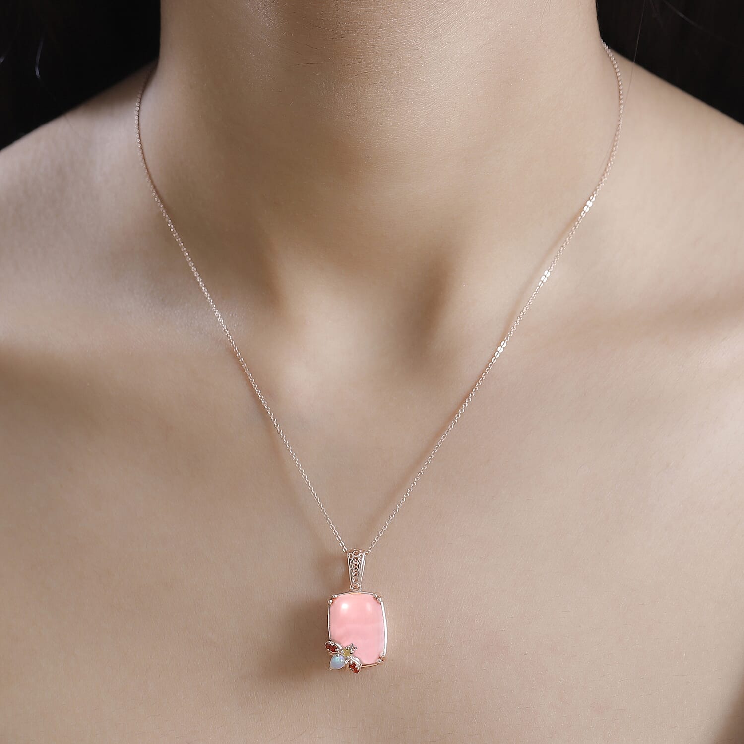 Gem Fiesta- Opal Opulence - Pink, Welo, Yellow & Fire Opal Cluster Pendant with Chain (Size - 20) in 18K Vermeil Rose Gold Plated Sterling Silver 8.20 Ct, Silver Wt. 6.80 Gms.
