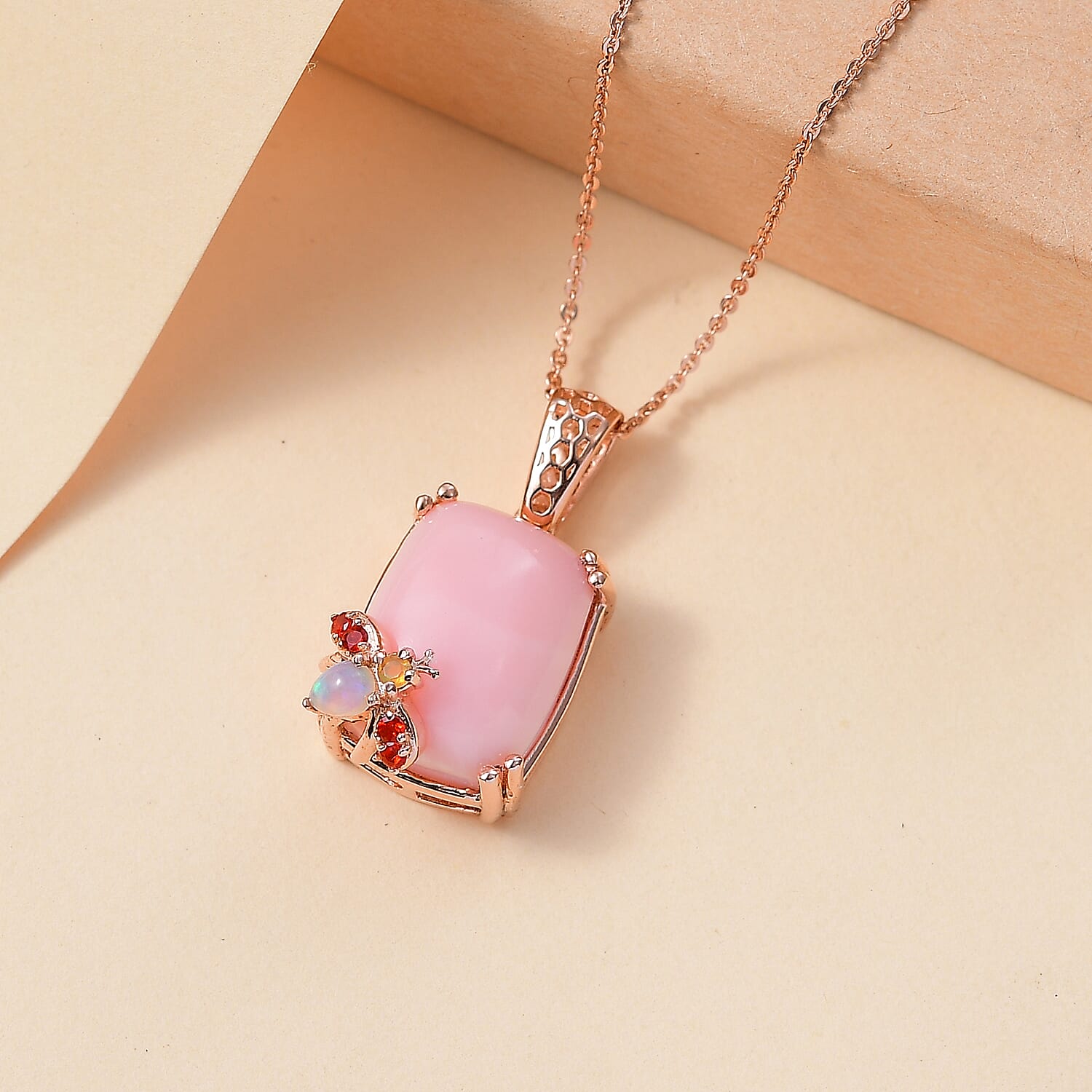 Gem Fiesta- Opal Opulence - Pink, Welo, Yellow & Fire Opal Cluster Pendant with Chain (Size - 20) in 18K Vermeil Rose Gold Plated Sterling Silver 8.20 Ct, Silver Wt. 6.80 Gms.