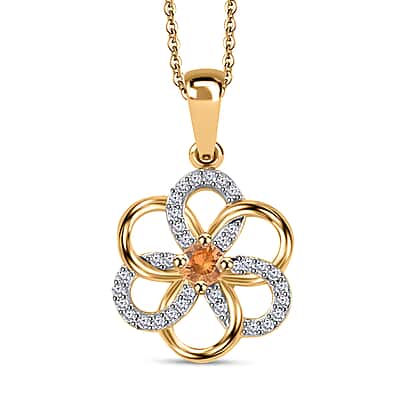 Spessartine Garnet, White Zircon Floral Pendant with Chain (Size