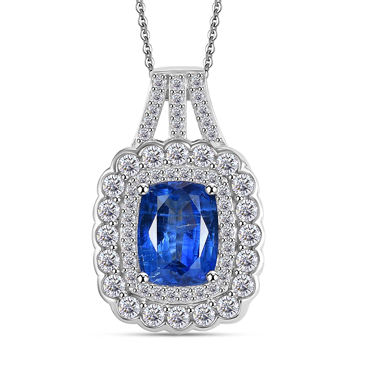 Extreme Rare Find - Natural AAA Kashmir Kyanite with White Zircon Pendant with Chain (Size 20) in rhodium Sterling Silver.   Silver Wt. 5.09 Gms  4.100  Ct.