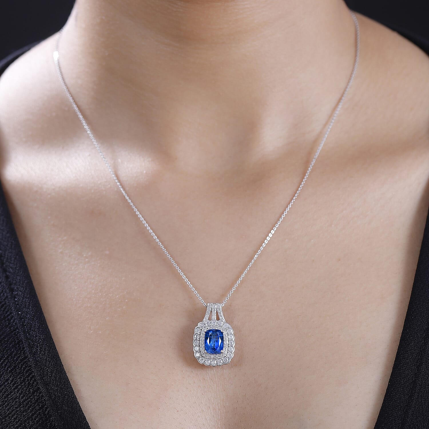 Extreme Rare Find - Natural AAA Kashmir Kyanite with White Zircon Pendant with Chain (Size 20) in rhodium Sterling Silver.   Silver Wt. 5.09 Gms  4.100  Ct.