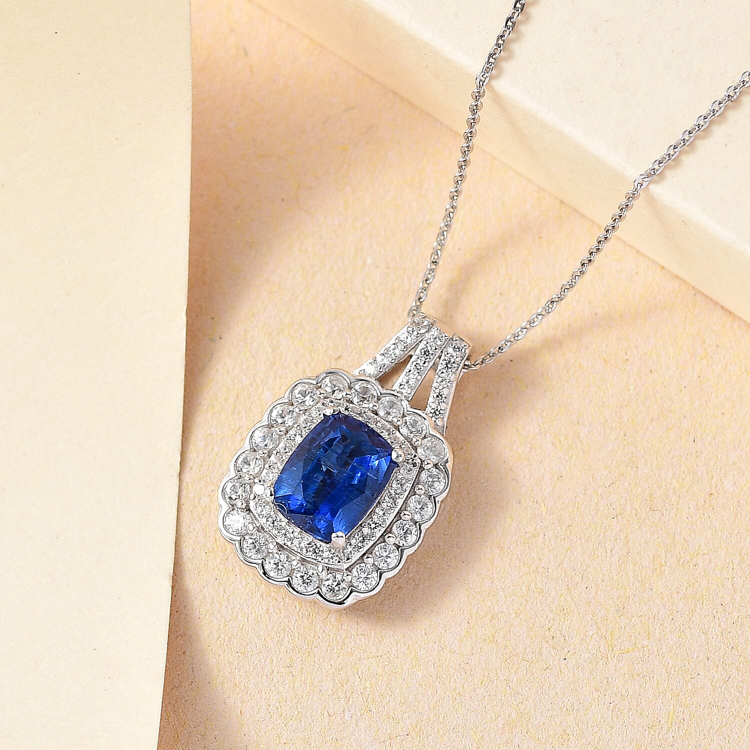 Extreme Rare Find - Natural AAA Kashmir Kyanite with White Zircon Pendant with Chain (Size 20) in rhodium Sterling Silver.   Silver Wt. 5.09 Gms  4.100  Ct.