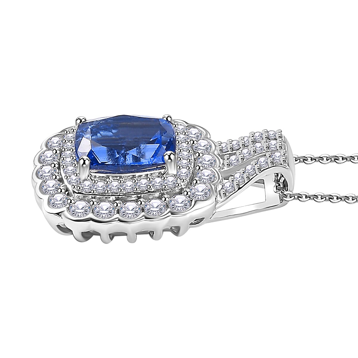 Extreme Rare Find - Natural AAA Kashmir Kyanite with White Zircon Pendant with Chain (Size 20) in rhodium Sterling Silver.   Silver Wt. 5.09 Gms  4.100  Ct.