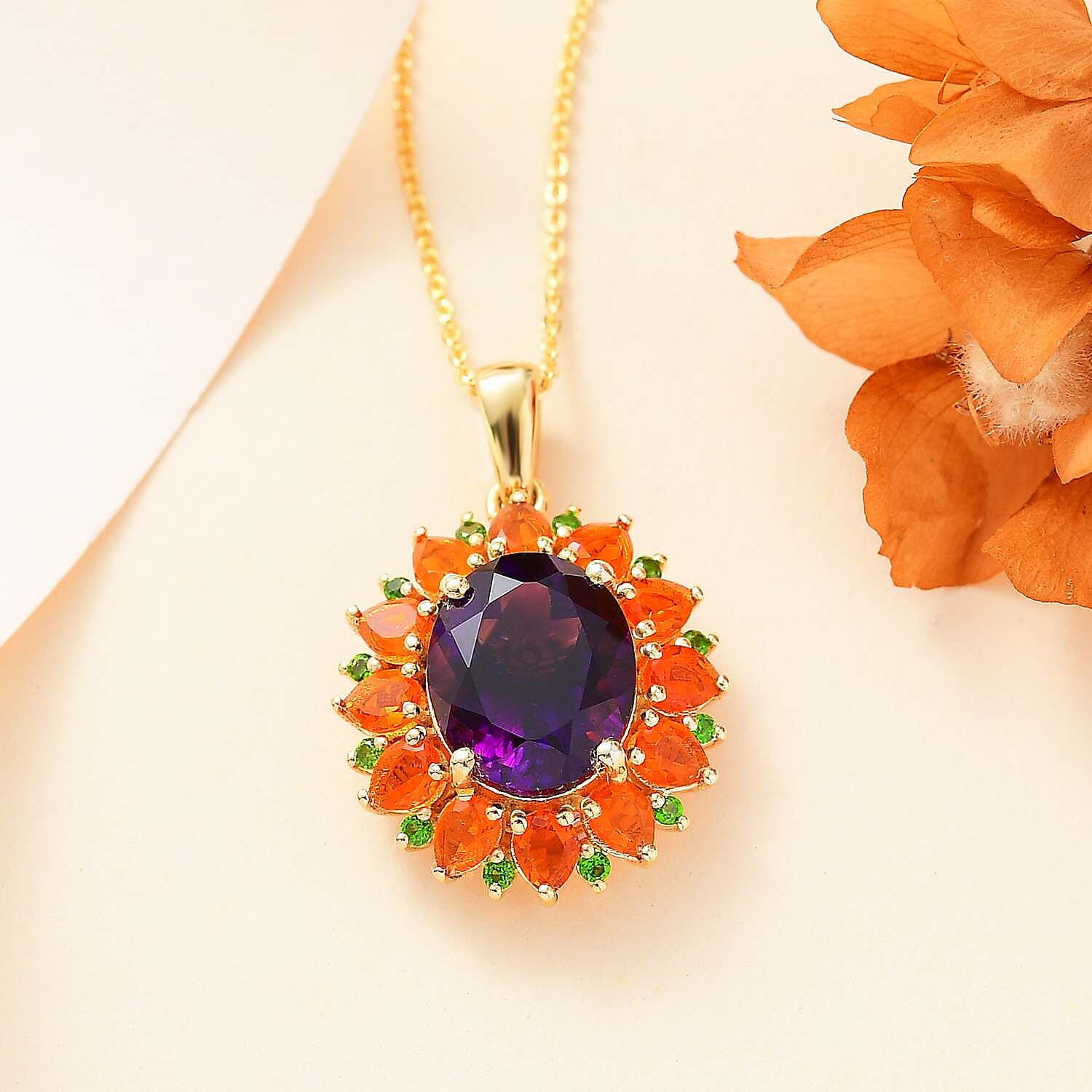 Moroccan Amethyst with Fire Opal and Natural Chrome Diopside Pendant with Necklace (Size 20)- in 18K Vermeil Yellow Gold Plated  6.35 Ct.