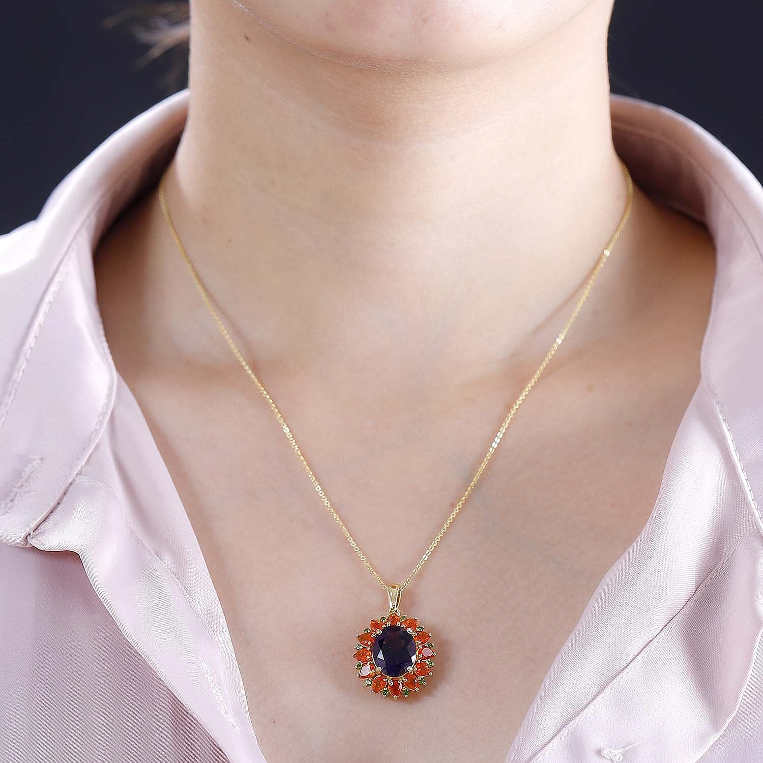 Moroccan Amethyst with Fire Opal and Natural Chrome Diopside Pendant with Necklace (Size 20)- in 18K Vermeil Yellow Gold Plated  6.35 Ct.