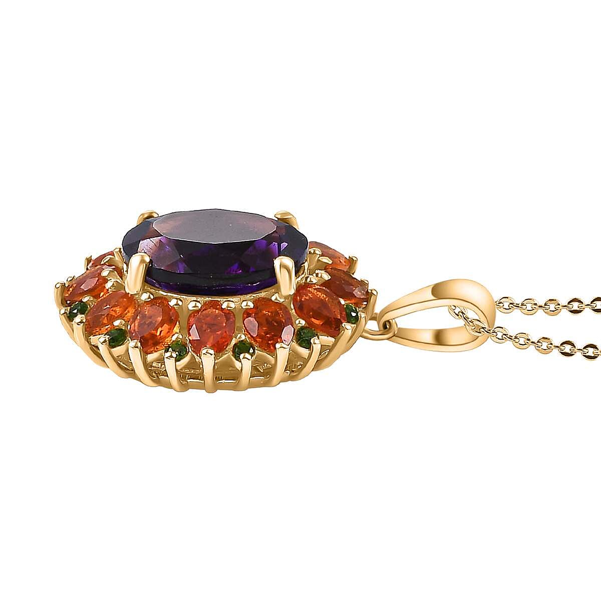 Moroccan Amethyst with Fire Opal and Natural Chrome Diopside Pendant with Necklace (Size 20)- in 18K Vermeil Yellow Gold Plated  6.35 Ct.