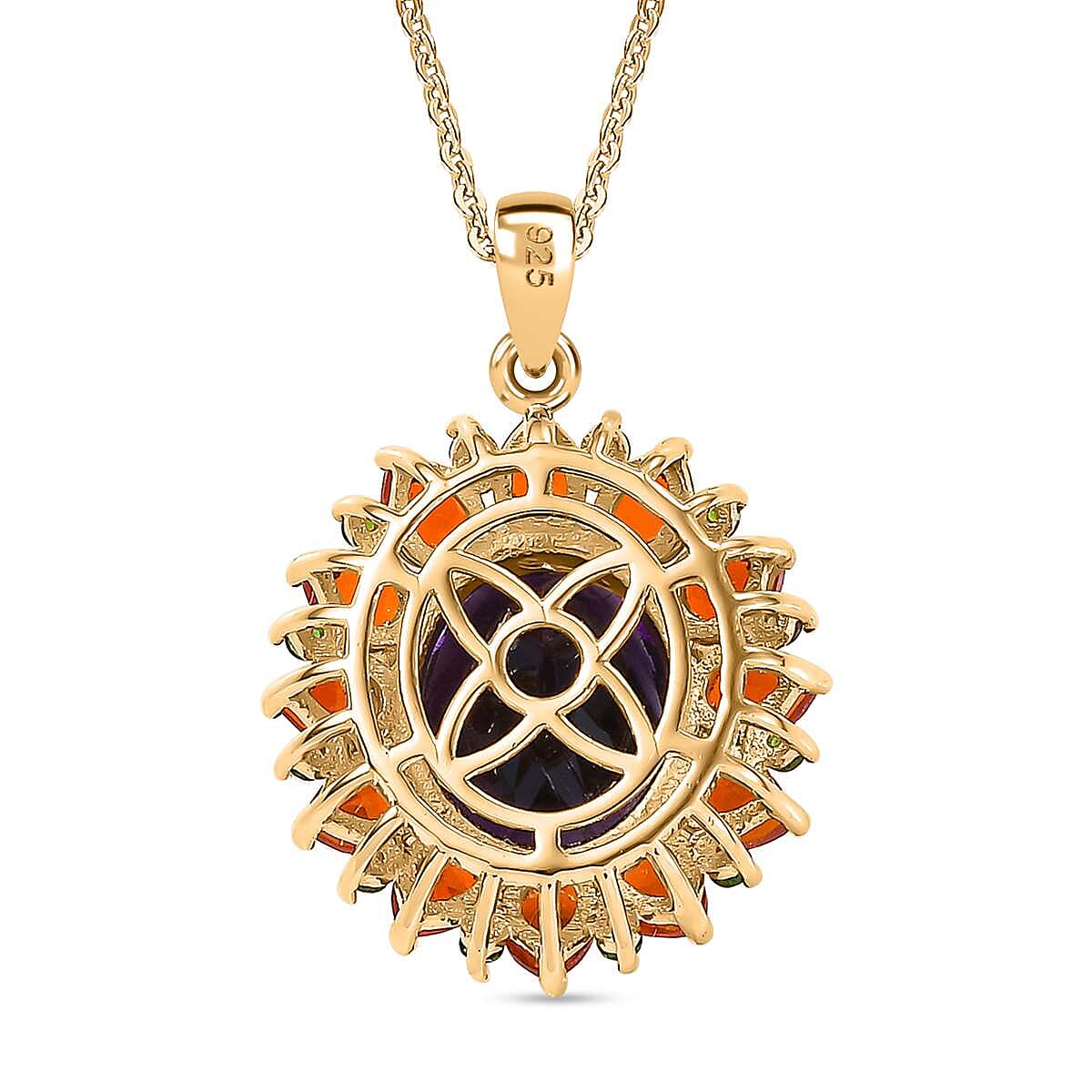Moroccan Amethyst with Fire Opal and Natural Chrome Diopside Pendant with Necklace (Size 20)- in 18K Vermeil Yellow Gold Plated  6.35 Ct.