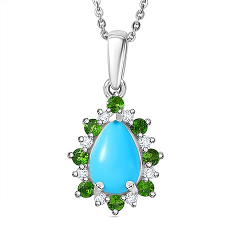Sleeping Beauty Turquoise,  Natural Chrome Diopside,  White Zircon Pendant with Chain (Size 20) in Rhodium Sterling Silver 1.63 Ct.