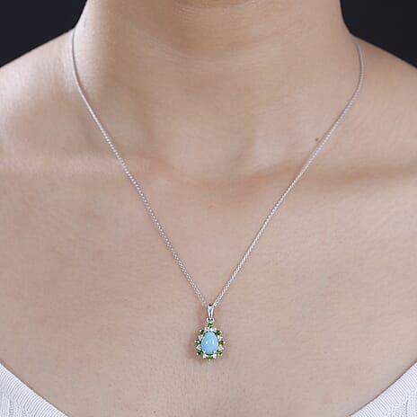Sleeping Beauty Turquoise,  Natural Chrome Diopside,  White Zircon Pendant with Chain (Size 20) in Rhodium Sterling Silver 1.63 Ct.
