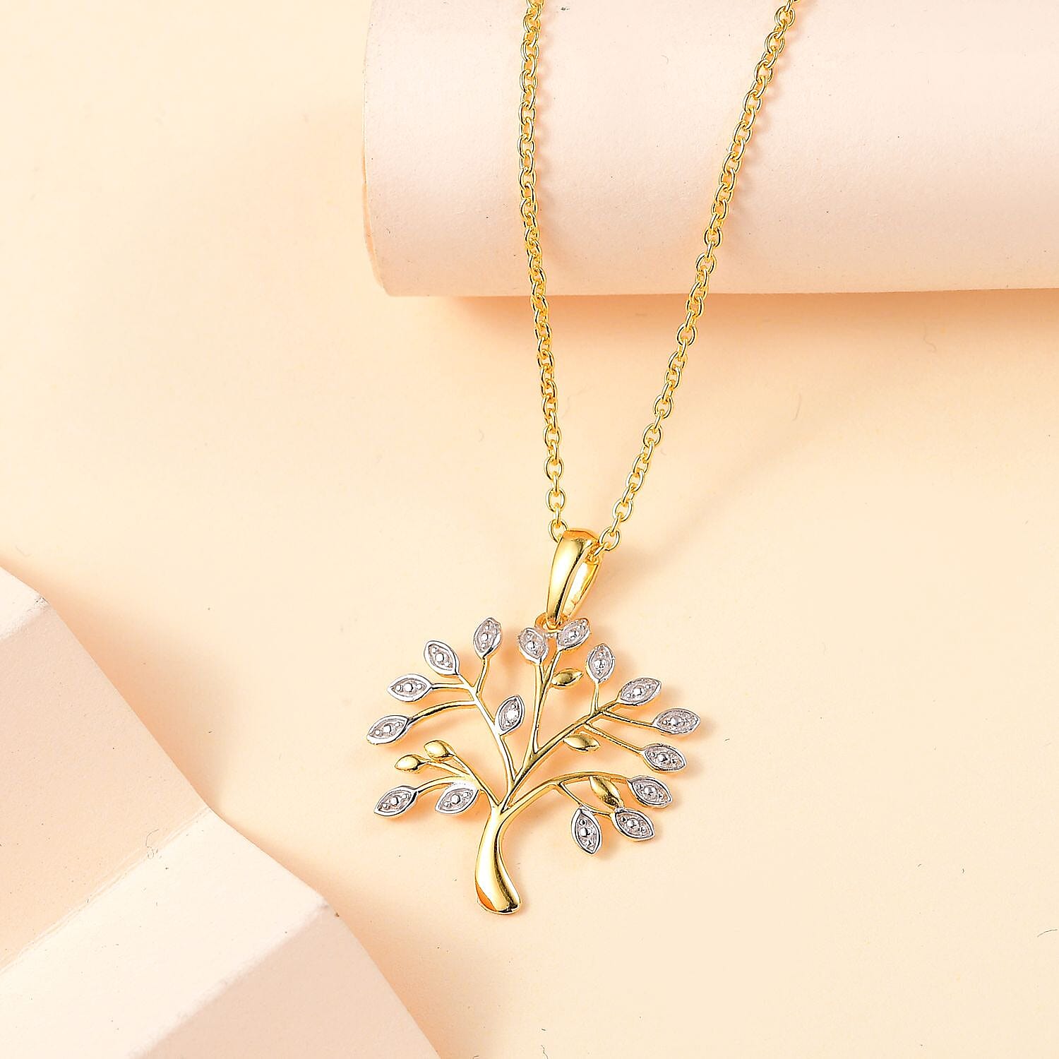 Natural White Diamond Tree Of Life Pendant in 14K Yellow Gold Overlay Sterling Silver With Chain (Size 20)