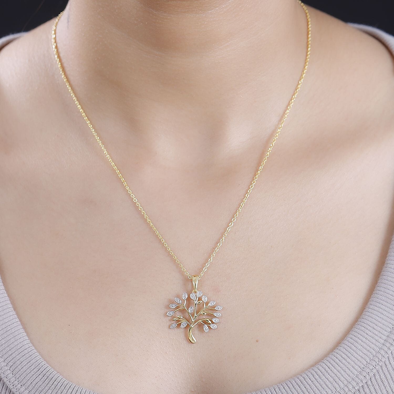 Natural White Diamond Tree Of Life Pendant in 14K Yellow Gold Overlay Sterling Silver With Chain (Size 20)