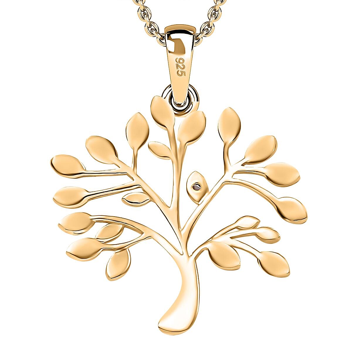 Natural White Diamond Tree Of Life Pendant in 14K Yellow Gold Overlay Sterling Silver With Chain (Size 20)