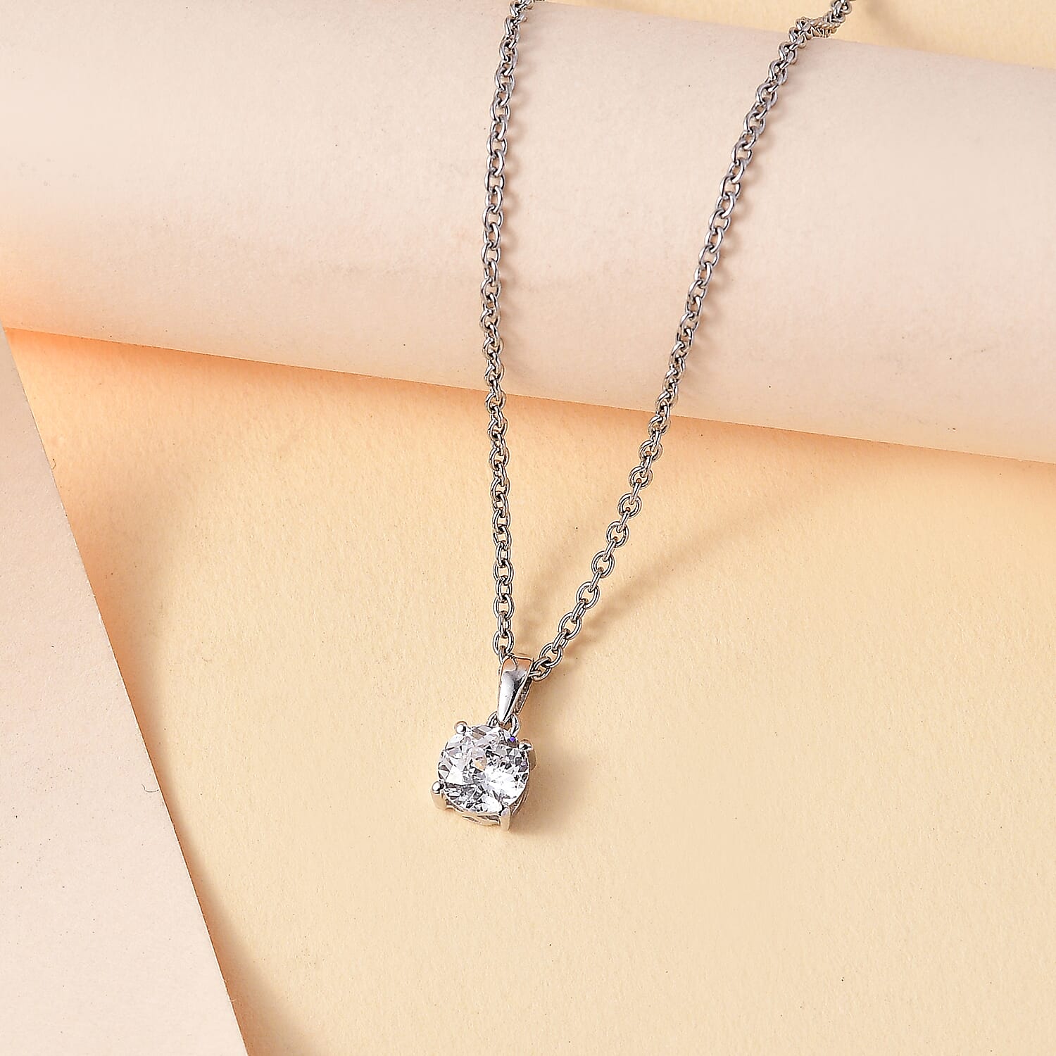 J Francis - Swarovski Zirconia Solitaire Pendant with Chain (Size 20) in Platinum Overlay Sterling Silver 1.43 Ct.