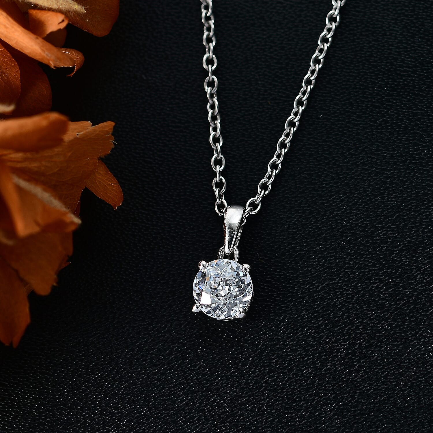 J Francis - Swarovski Zirconia Solitaire Pendant with Chain (Size 20) in Platinum Overlay Sterling Silver 1.43 Ct.