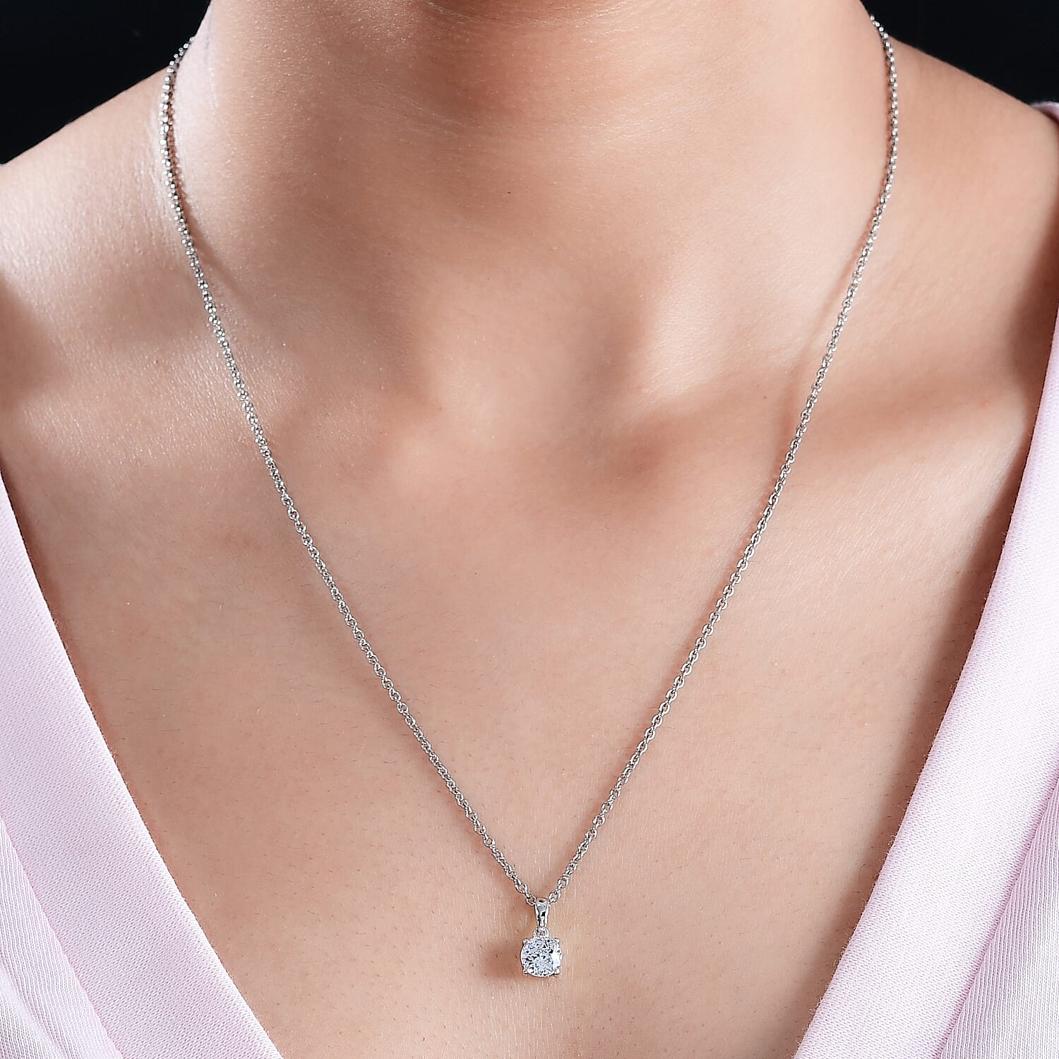 J Francis - Swarovski Zirconia Solitaire Pendant with Chain (Size 20) in Platinum Overlay Sterling Silver 1.43 Ct.