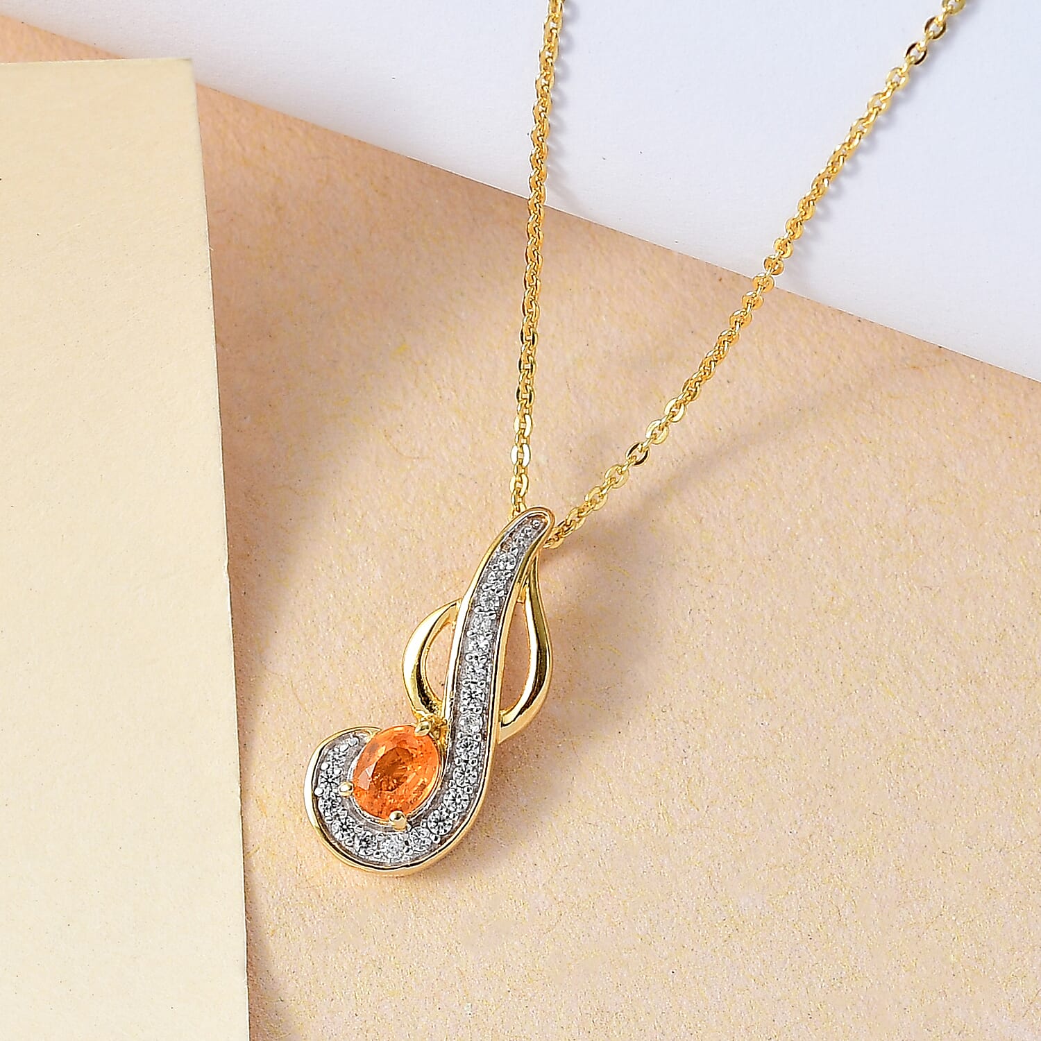 Nigerian Natural Spessartine Garnet & White Zircon Pendant With Silver Chain (Size 20) in 18K Vermeil Yellow Gold Plated Sterling Silver