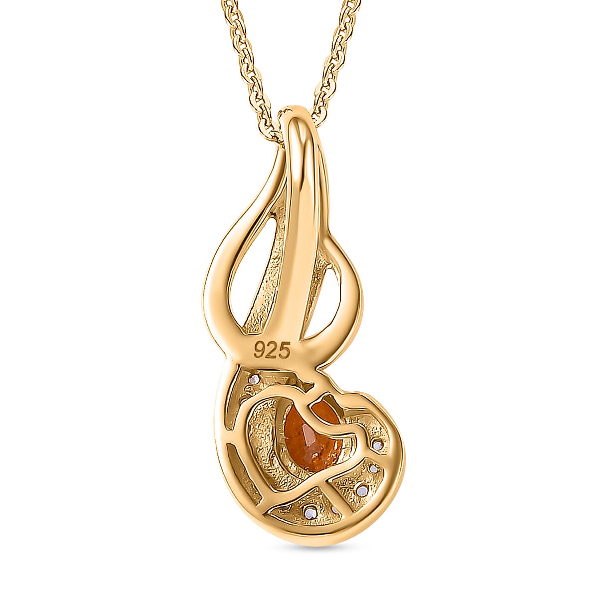 Nigerian Natural Spessartine Garnet & White Zircon Pendant With Silver Chain (Size 20) in 18K Vermeil Yellow Gold Plated Sterling Silver