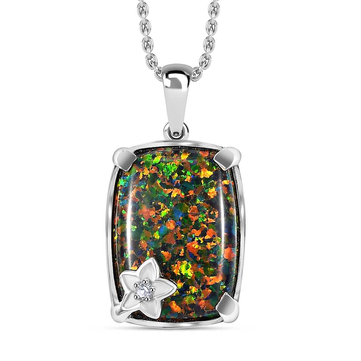 Lab Created Black Opal, White Zircon Pendant with Chain (Size 20) in Platinum Overlay Sterling Silver 5.22 Ct.