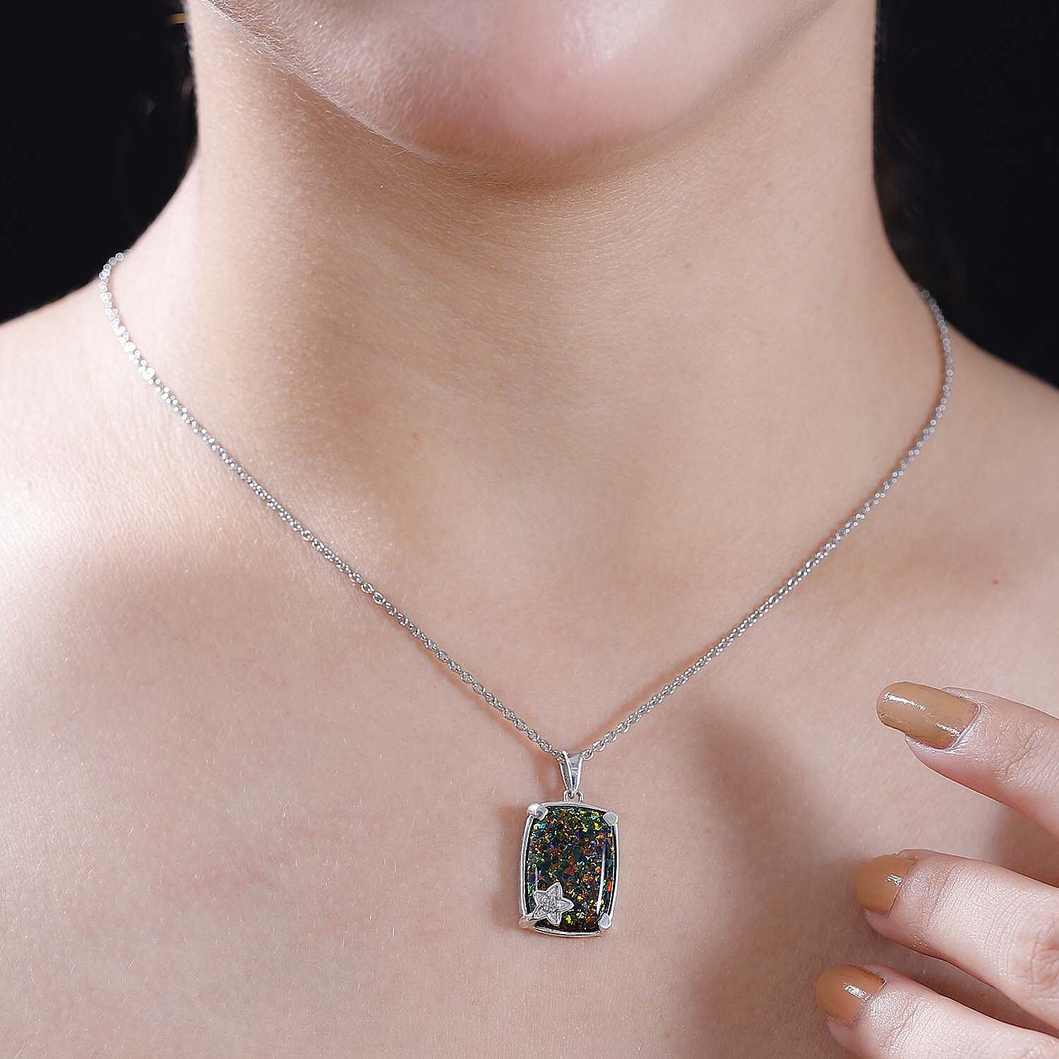 Lab Created Black Opal, White Zircon Pendant with Chain (Size 20) in Platinum Overlay Sterling Silver 5.22 Ct.