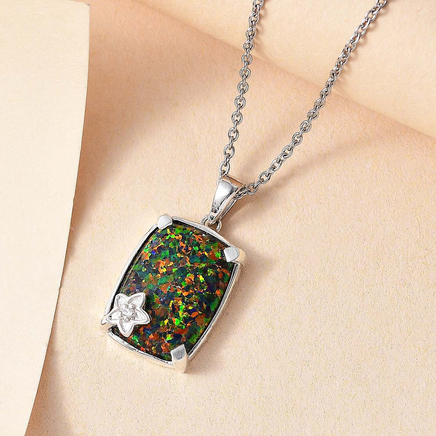 Lab Created Black Opal, White Zircon Pendant with Chain (Size 20) in Platinum Overlay Sterling Silver 5.22 Ct.