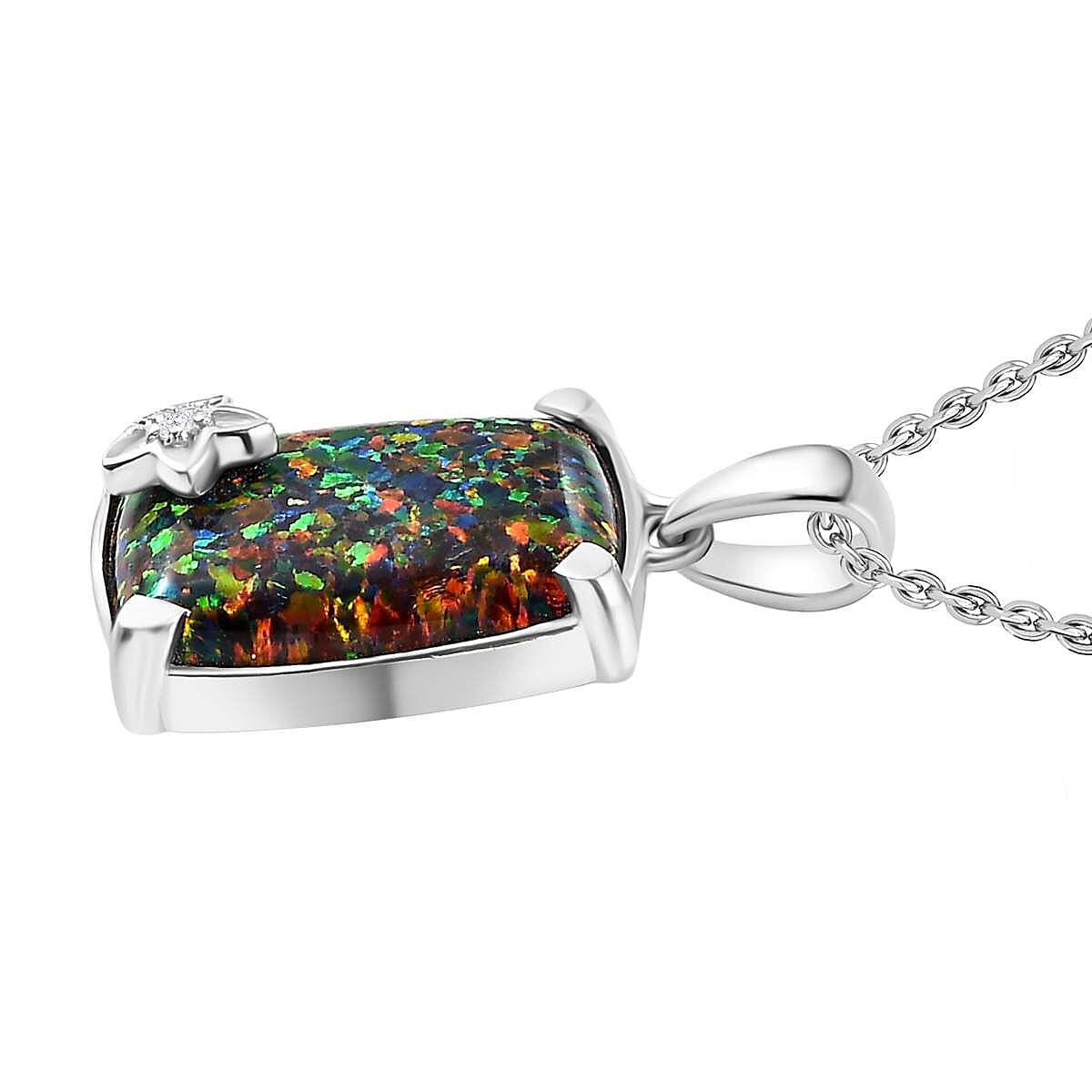 Lab Created Black Opal, White Zircon Pendant with Chain (Size 20) in Platinum Overlay Sterling Silver 5.22 Ct.