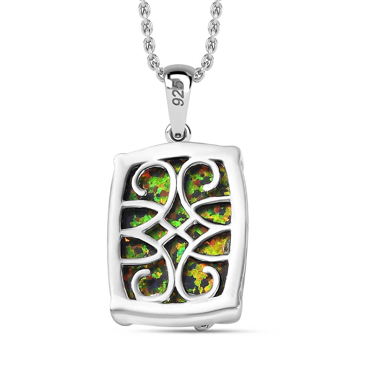 Lab Created Black Opal, White Zircon Pendant with Chain (Size 20) in Platinum Overlay Sterling Silver 5.22 Ct.
