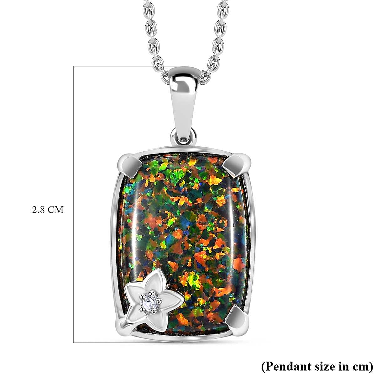 Lab Created Black Opal, White Zircon Pendant with Chain (Size 20) in Platinum Overlay Sterling Silver 5.22 Ct.