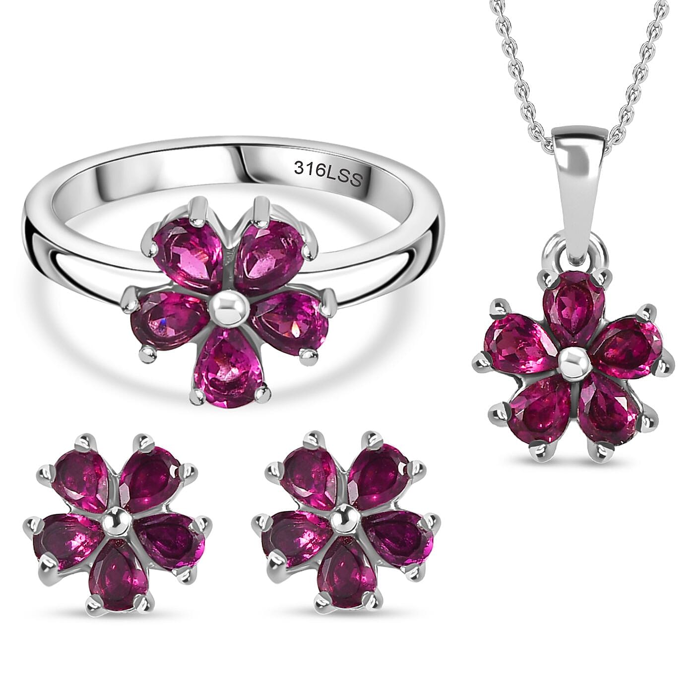 3 Piece Set -  Rhodolite Garnet Ring, Earring, Pendant with Chain (Size 20)  3.30 Ct.